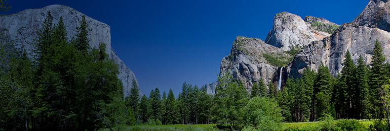 Photo of mountains with trees and grass in the foreground